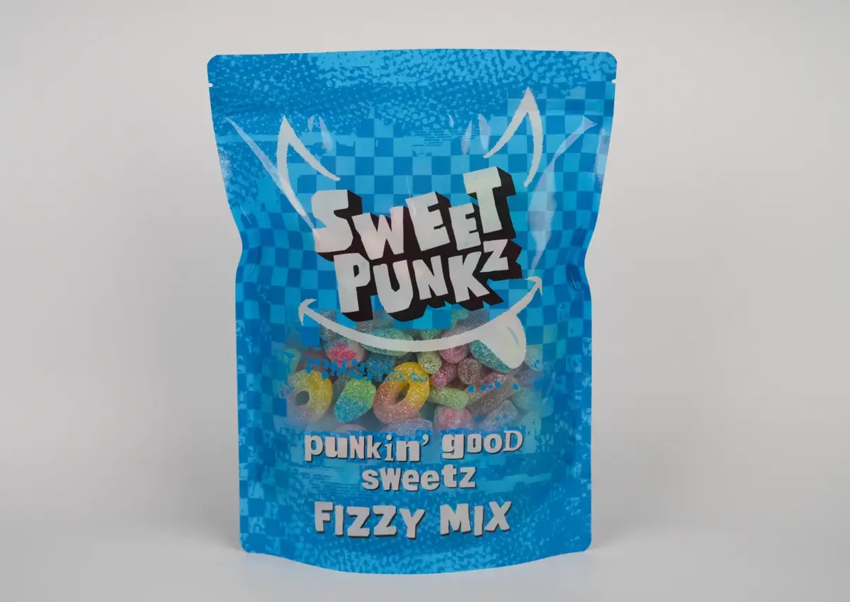 Studio product photograph of a blue Sweet Punkz Fizzy Mix sweets bag standing upright against a clean light backdrop.